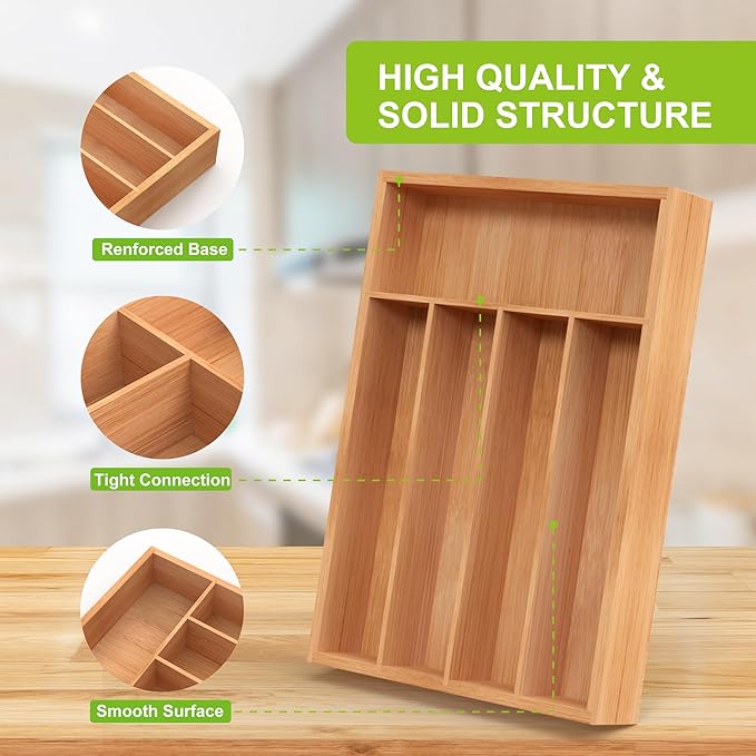 Bamboo Utensil Drawer Organizer, Kitchen Organizer for Flatware Cutlery, Silverware Tray for Drawer (5 Slots, Natural)-NeatNest