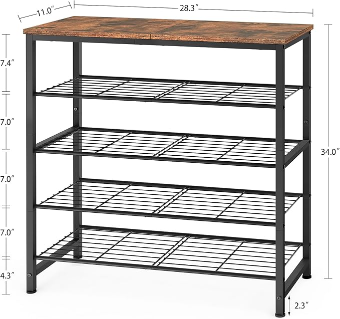 usikey 5-Tier Shoe Rack, Industrial Shoe Storage Organizer for 12-16 Pairs of Shoes, Metal Shoe Shelf with Wooden Top, Shoe Stand with 3 Metal Shelves for Entryway, Hallway, Closet, Rustic Brown-NeatNest
