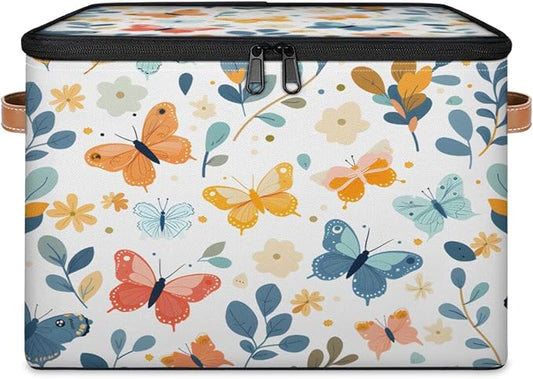 Butterfly Storage Bins with Zipper Lid, Boho Floral Lidded Storage Baskets Boxes Foldable Organizer with Leather Handles for Clothes Closet Shelf Toys-NeatNest