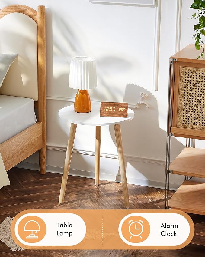 Apicizon Round Side Table, White Bedside Table Coffee End Table for Bedroom, Living Room, Small Spaces, Easy Assembly Nightstands with Natural Wood Legs, 16.5 x 20.5 Inches-NeatNest