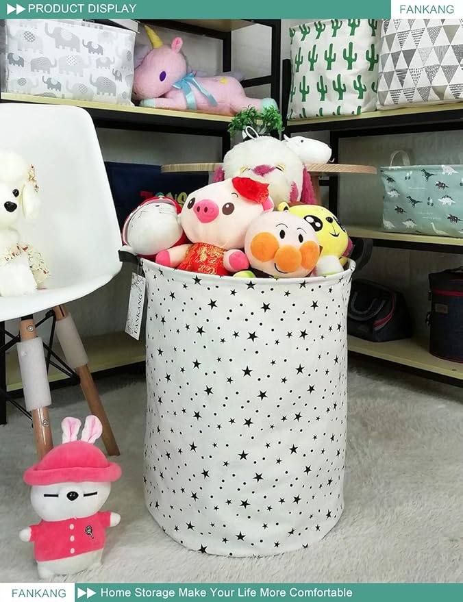 FANKANG Storage Basket, Nursery Hamper Canvas Laundry Basket Foldable with Waterproof PE Coating Large Storage Baskets for Kids Boys and Girls, Office, Bedroom, Clothes,Toys(Star)