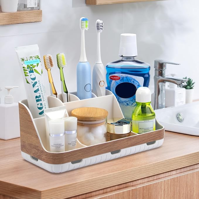 Bathroom Countertop Organizer - Detachable 7 Slots Kids Electric Toothbrush and Toothpaste Holde Drainage for Bathroom Accessories Organization Counter Vanity Storage, Woodgrain-NeatNest