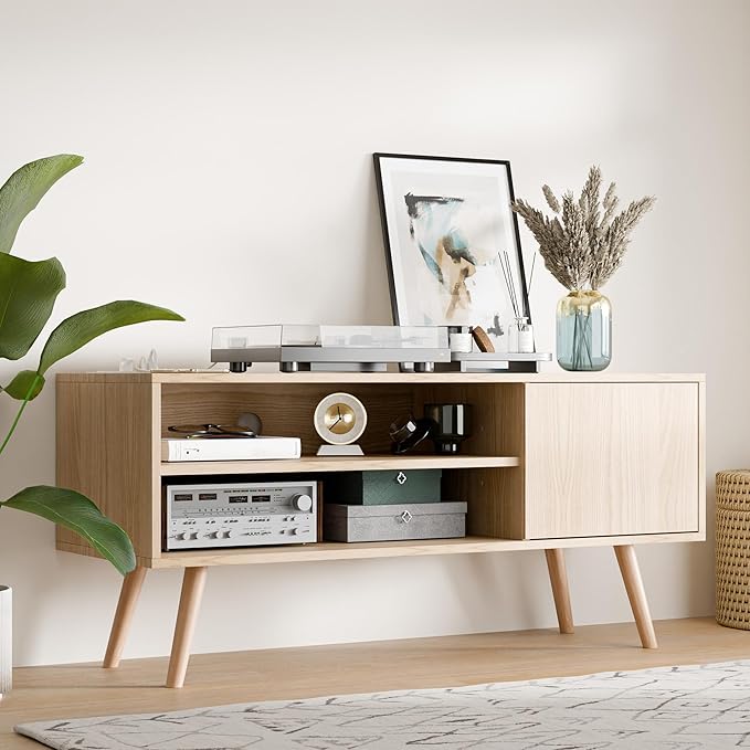 Cozy Castle TV Stand for 48 Inch TV, Mid Century Modern Entertainment Center with Storage Cabinet, TV Media Console with Charging Station for Living Room, Bedroom, Oak-NeatNest