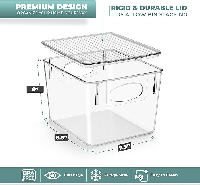 Sorbus Medium Plastic Storage Bins with Lids - Kitchen, Pantry, Refrigerator Organizer Bins - Clear, 4 Pack