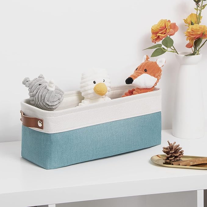 DULLEMELO Fabric Bathroom Storage Bin with Leather Handles, Narrow Organizer for Towels, Toilet Paper Rolls, Storage Basket for Back of Toilet, Vanities, Shelves & Cabinets (White&Teal)-NeatNest