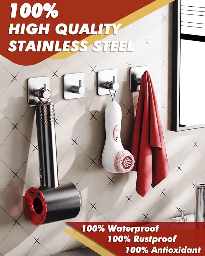 Adhesive Hooks Heavy Duty 30lb(Max) Wall Hooks, 5 Pack Damage Free Stainless Steel Hanger for Hanging Coat, Hat, Towel Robe, Waterproof Oilproof Rustproof Hook for Bathroom Shower Kitchen Office