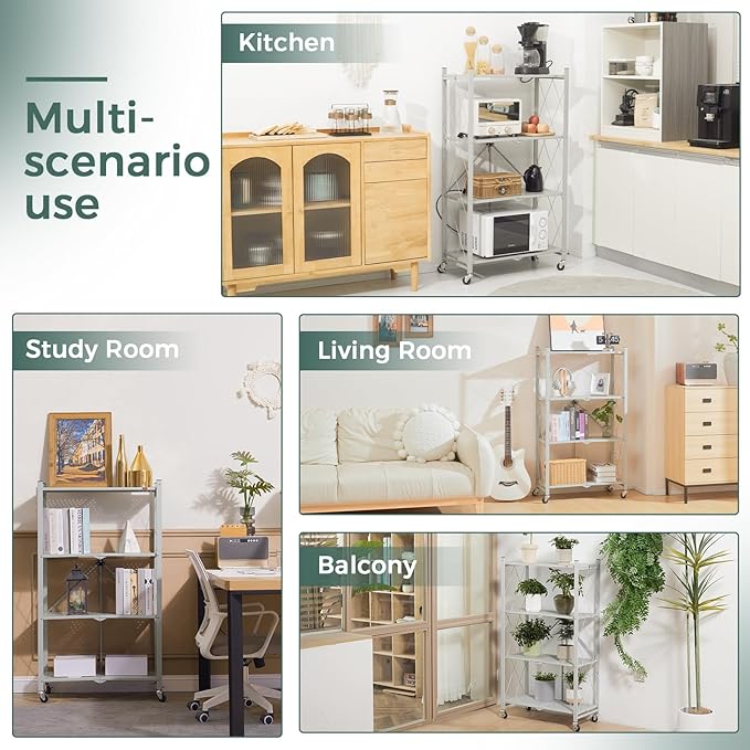 DEANIC 4 Tier Foldable Storage Shelves with Wheels, Large Capacity Shelving Unit, Freestanding Metal Wire Shelf Rack, No Assembly Organizer Rack for Garage Kitchen, Basement, Pantry(Grey Pack of 2)-NeatNest