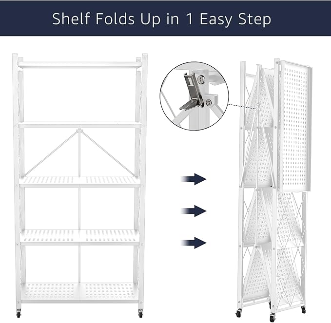 5-Tier Foldable Storage Shelf with Wheels – Heavy Duty Metal Collapsible Rolling Cart for, Closet, Office & Garage Storage Shelves Organization, No-Assembly Storage Shelf– White Metal Shelf