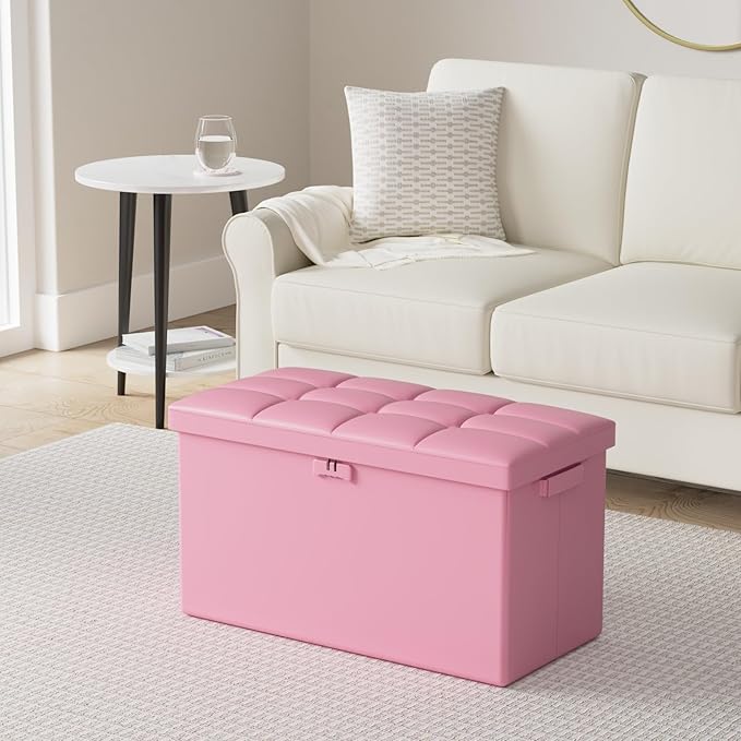 DocSafe Storage Ottoman Bench with Lock,Fireproof 30 Inches Folding Bench Foot Rest Stool Storage Chest Safe for Living Room,Bedroom,Home Office,Waterproof Leather Ottoman with Handles,Pink-NeatNest