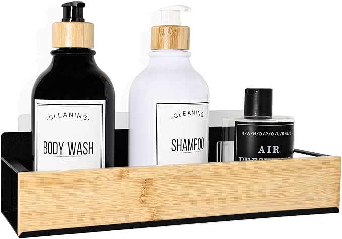 Bathroom Shelves,Wall Mounted Floating Shelf,Over Toilet Storage Shelf,Metal Bamboo Wall Shelves,Home Storage Organizer Essentials for Bathroom/Living Room/Kitchen/Bedroom(Black)