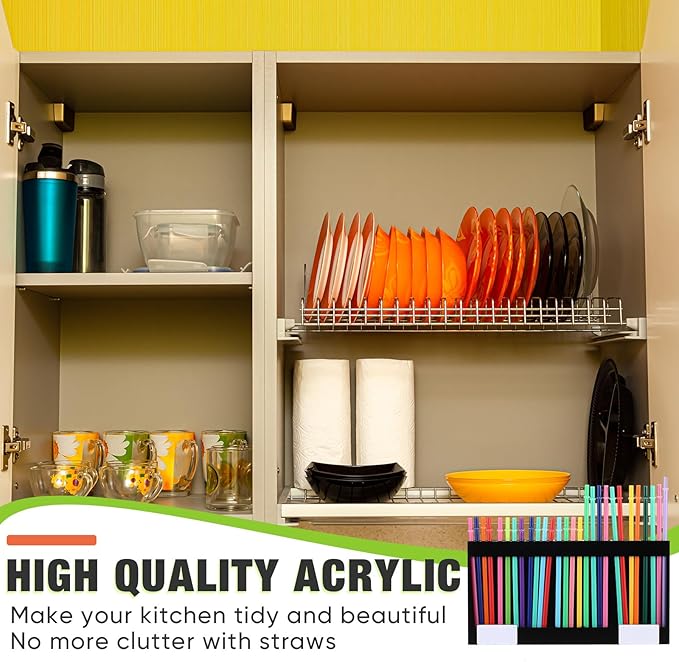 Acrylic Straw Holder for Cabinet Door with Double Sided Adhesive Tape Reusable Straw Organizer Tumbler Storage Kitchen Accessories Container for Counter Cupboard(Classic,Extra Large,Black)