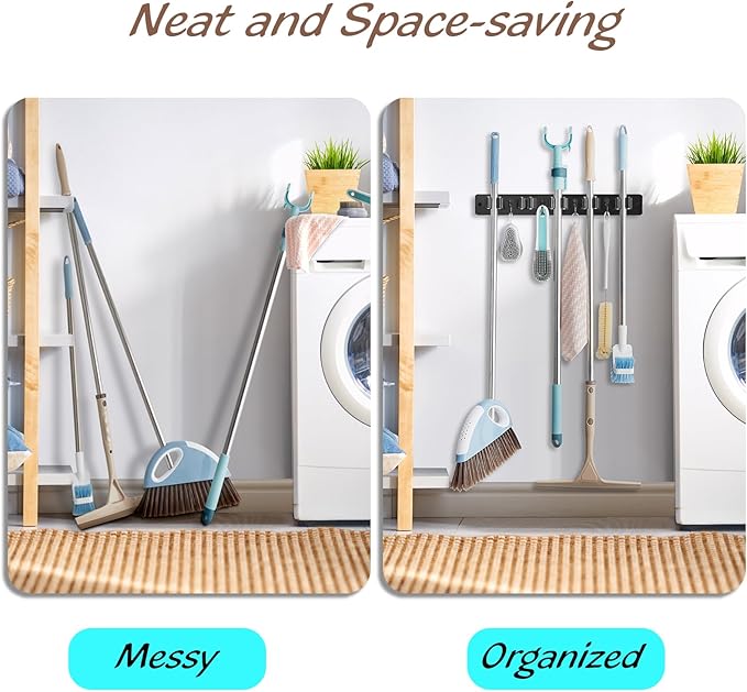 Mop and Broom Holder Wall Mount - Black Broom Mop Hanger - Wall Mounted Garden Tool Rack Organizer for Closet Garage Laundry Room Kitchen Decor With 5 Slots & 4 Hooks-NeatNest