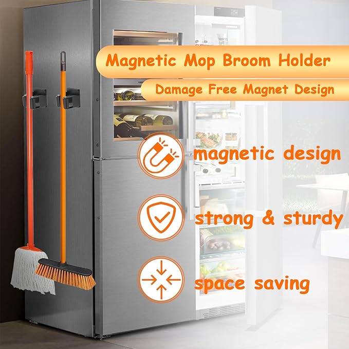 4 Pack Strong Magnetic Mop Broom Holder, Heavy Duty Magnetic Broom Mop Hanger for Cleaning Tools, Wall Mounted Mop Broom Holder for Laundry Garage Kitchen Workshops Shed-NeatNest