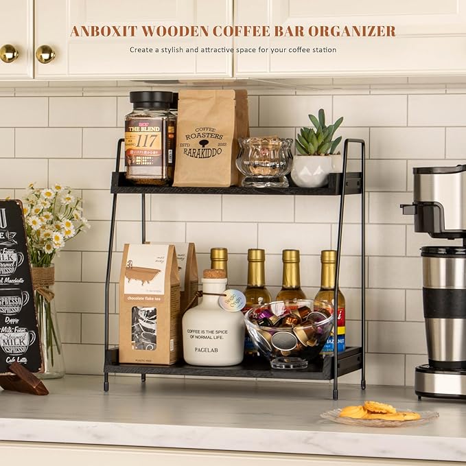 2-Tier Coffee Station Organizer, Wooden Kitchen Counter Shelf - Black