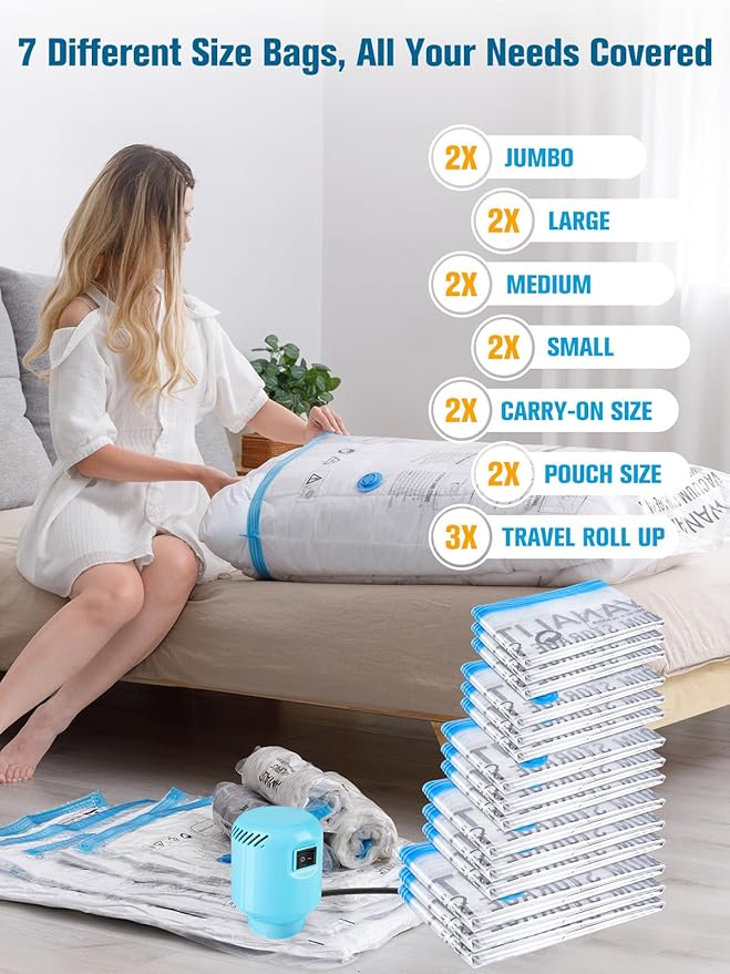 Vacuum Storage Bags with Electric Air Pump, New Air Valve Combo 15 Pack Compression Bag, Space Saving Vacuum Sealer Bags for Clothes, Blanket, Duvets, Pillows, Comforters, Travel, Two Compressing Ways-NeatNest