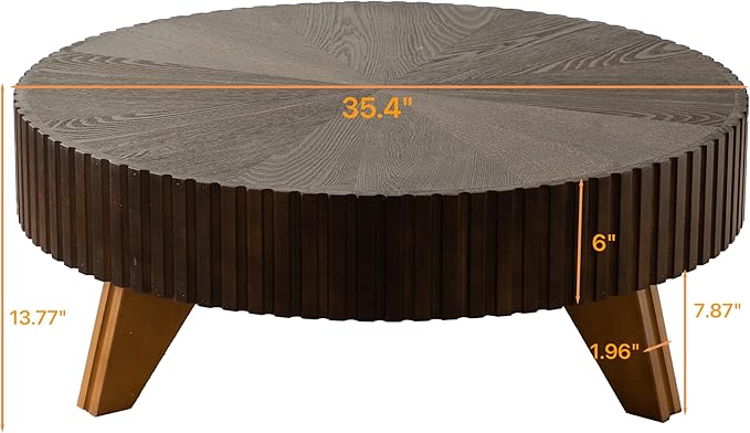 kevinplus 35.4'' Round Coffee Table Wood Modern Coffee Table for Living Room, Easy Assembly, Black Brown