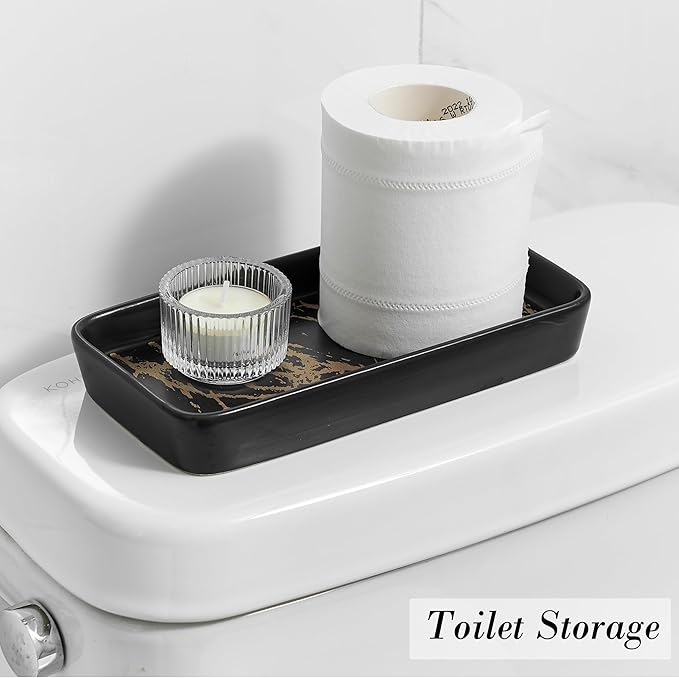 Bathroom Vanity Tray for Countertop,2PC Rectangle Marble Tray Set,Decorative Bathroom Organizer for Scrubber, Lotion Bottles, Perfume, Jewelry, Candle, Key Trinket Ring(Small,Black)-NeatNest