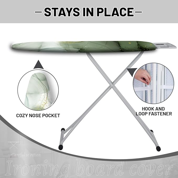 Extra Thick Ironing Board Cover and Pad, Sage Green Marble 15x54 Ironing Board Cover, Resist Scorching and Staining,Elastic Edges,Abstract Gray and Golden