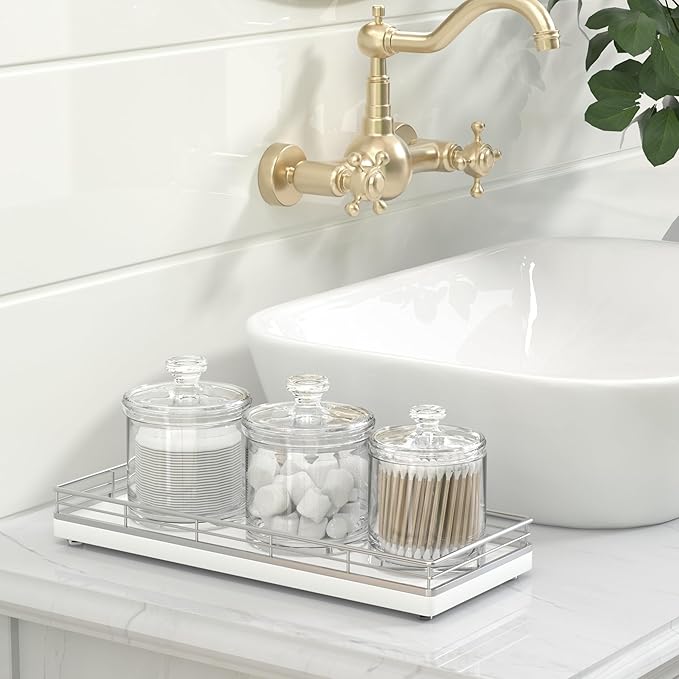 Bathroom Tray for Counter, Oak Wooden 11.2" L Vanity Tray for Jewelry Candle Makeup Perfume, Holder for Coffee Table Decor Bar Silver-NeatNest