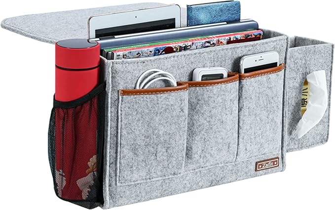 Bedside Caddy, Large Size Bedside Storage Organizer Bedside Organizer Caddy for Magazine Remotes Phone (13.4'' x 18.1'' Tissue box holder, Light Grey)-NeatNest