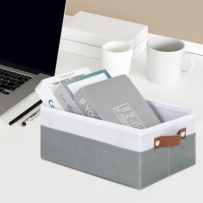 DULLEMELO Small Storage Basket for Organizing, Grey Basket Cloth Storage Bins for Shelves, Foldable Fabric Bins for Home Storage and Organization, White&Deep Grey, 1-Pack-NeatNest