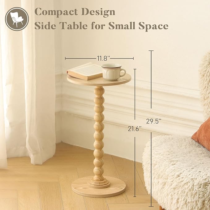 Round Side Table, Small Drink Table for Small Spaces, Modern Accent End Table with Solid Wood Leg for Living Room, Bedroom, Corners, and Office (Natural)