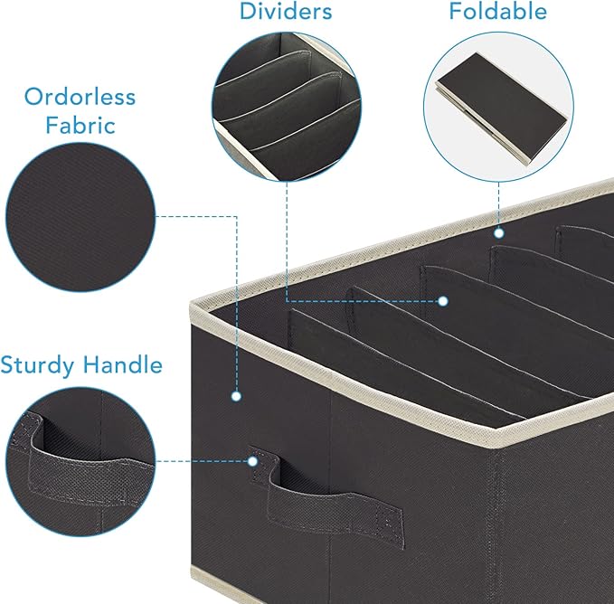 3 Pcs Large Size Wardrobe Clothes Organizers 6 Grids for Pants, Jeans, Sweater, T-shirt, Dress Stackable Closet Drawer Organizer Storage Bin Container with Sturdy Handles, Black-NeatNest