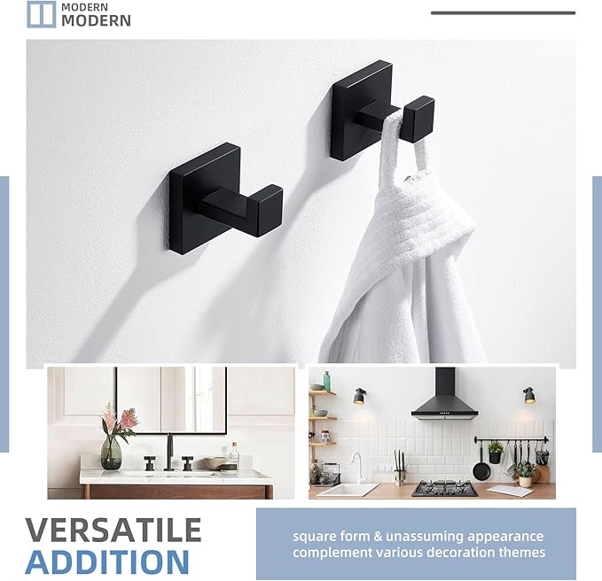 Angle Simple Matte Black Towel Hooks for Bathroom, SUS 304 Stainless Steel Square Wall Coat Hooks, 2 Pack