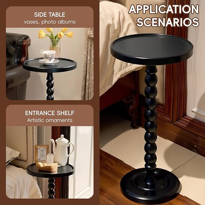 Small Accent Wood End Table, 12inch Round Bedside Table, Natural Side Table Nightstand for Family, Bedroom, Living Room, Handcrafted Finish, Black