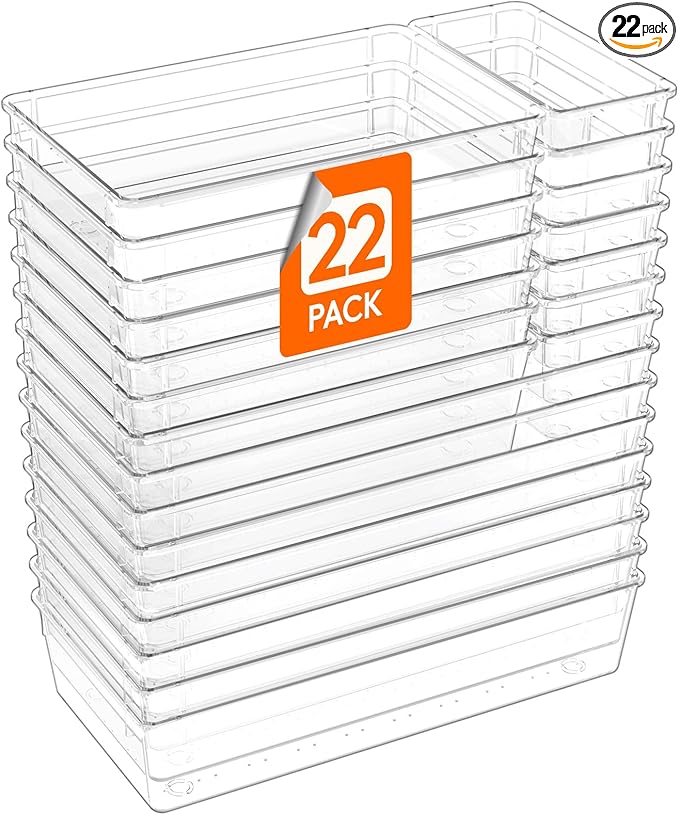 Lifewit 22 Pcs Large Bathroom Drawer Organizers, 3 Sizes Clear Plastic Storage Organizer Trays for Make Up, Kitchen Utensils, Vanity Accessories in Bathroom/Office/Dresser Organization