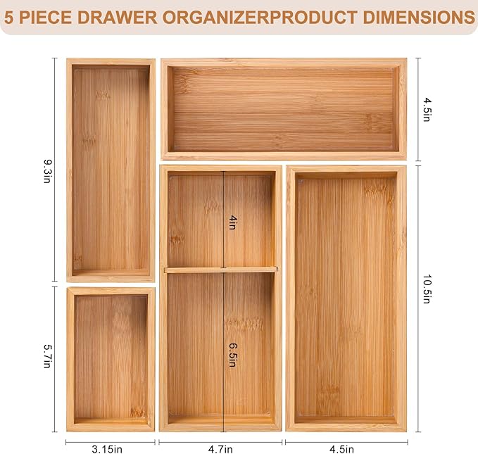 Bamboo Drawer Organizer 5 Pcs for Kitchen Multi-purpose Storage Dividers for Kitchen, Office, Jewelry, Cosmetics, Wooden Drawer Dividers for Drawer Organizer Desk Organizer Gift for Women Gifts Idea-NeatNest
