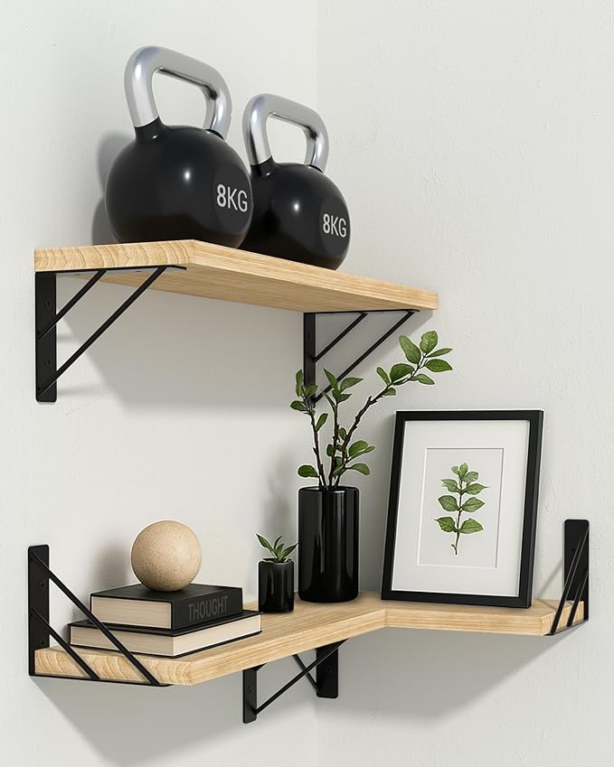 BAYKA Wall Shelves for Bedroom Decor, Floating Wall Shelves for Living Room Kitchen Storage, Wall Mounted Rustic Wood Floating Shelves for Kids Books, Corner Shelves for Bathroom(Brown,Set of 3)-NeatNest