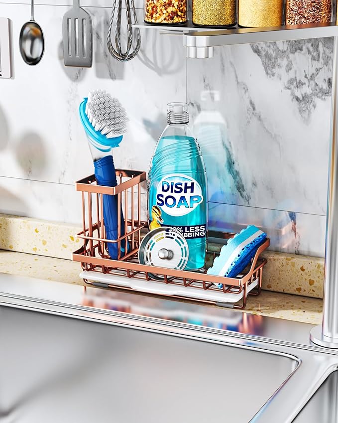 Consumest Sponge Holder for Kitchen Sink - Sink Caddy Kitchen Organizer with Removable Drip Tray for Countertop Dish Soap Dispenser Brush Storage Accessories 304 Stainless Steel, Rose Gold-NeatNest