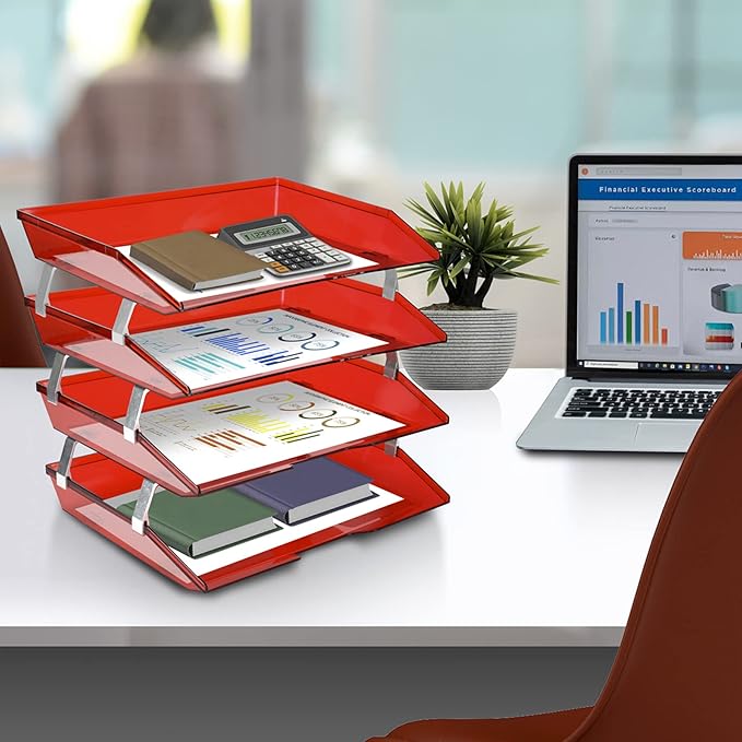 Acrimet Facility 4 Tier Letter Tray, Side Load, Letter Size/A4, Desktop File Organizer, Plastic (Clear Red)-NeatNest