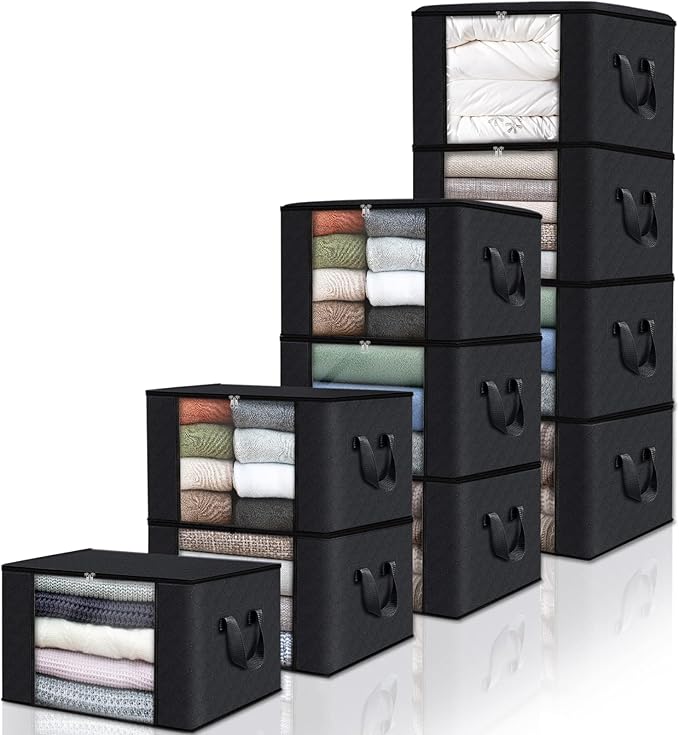 Fab totes 10 Pack Clothes Storage, Foldable Thick Fabric Blanket Storage Bags, Containers for Organizing Bedroom, Closet, Clothing, Comforter,Closet Organization with Handle,Black-NeatNest