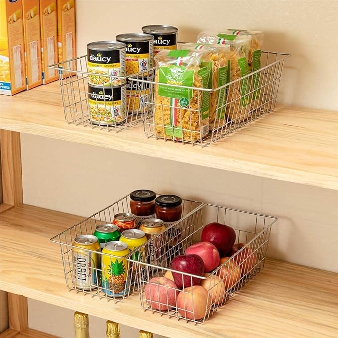 Slideep Wire Baskets Farmhouse Freezer Organizer Storage Bin Basket with Handles, Food Storage for Kitchen Cabinets, Pantry, Closet, Bedroom, Bathroom, Office 3 Pack