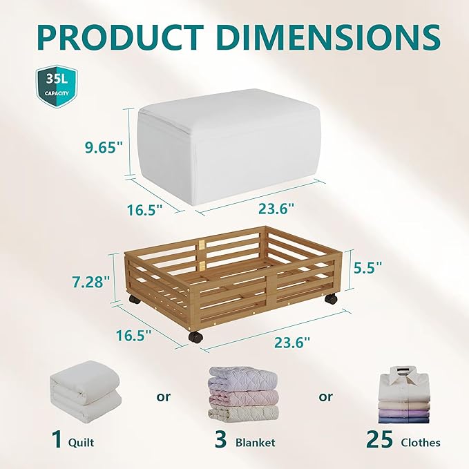 Bamboo Under Bed Storage Containers- Underbed Organizer with Wheels with Large Capacity Dust Bag,Sturdy Wood Rolling Under Bed Shoe Storage Organizer 2 Packs (Walnut, 2 Packs (23.62"×16.54"))-NeatNest