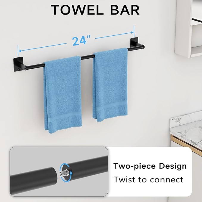 10 Pieces Bathroom Accessories Set, Bathroom Hardware Set, 24 inch Towel Bar, Towel Racks for Bathroom, Robe Towel Hooks, Toilet Paper Holder Wall Mounted, Matte Black
