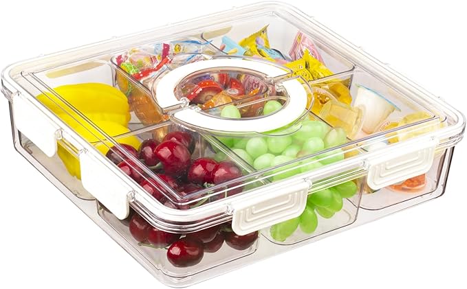 Divided Serving Tray with Lid & Handle, 6 Compartment Removable Snack Box, Kitchen Organizers and Storage, Snackle Box Container, BPA-Free Fruit Storage Container for Berry, Snack, Candy, Nuts…