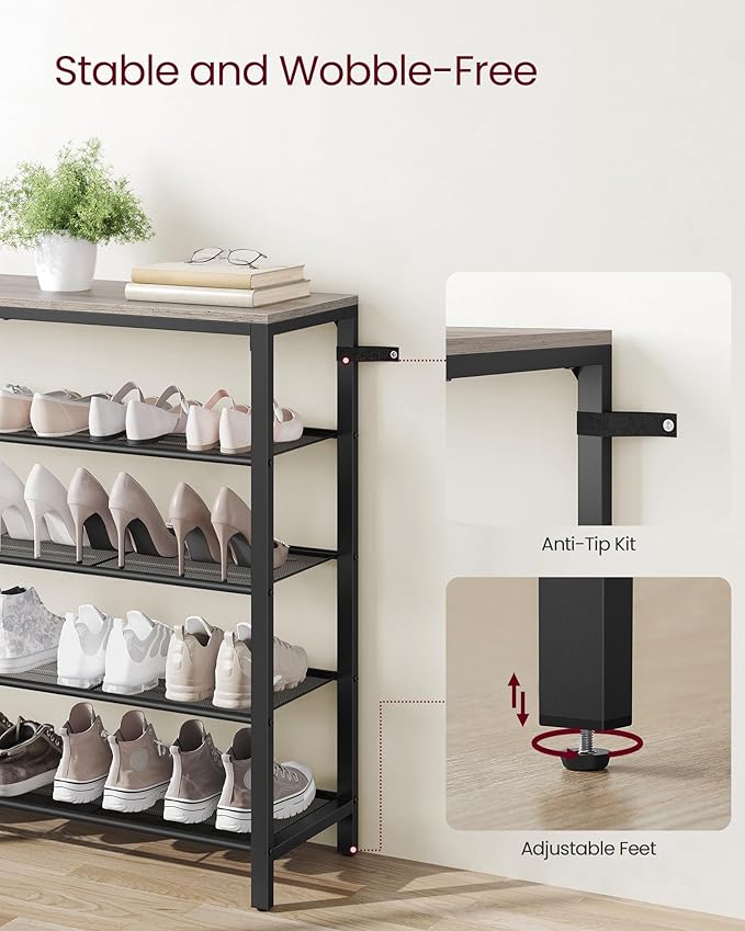 VASAGLE INDESTIC Shoe Rack, Organizer for Closet with 4 Mesh Shelves and Large Top for Bags, Entryway Hallway Shelf, Steel Frame, Industrial, Greige and Black ULBS015B02, 11.8 x 39.4 x 36.4 Inches-NeatNest