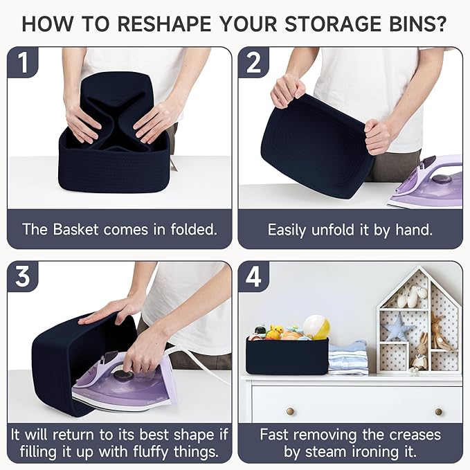 3-Pcs Shelf Baskets for Organizing, Closet Organizer Bins, Small Woven Baskets, Rope Toy Basket, Storage Basket for Shelves, Cube Decorative Box, 11.5×7.5×5.1”, Navy Blue-NeatNest