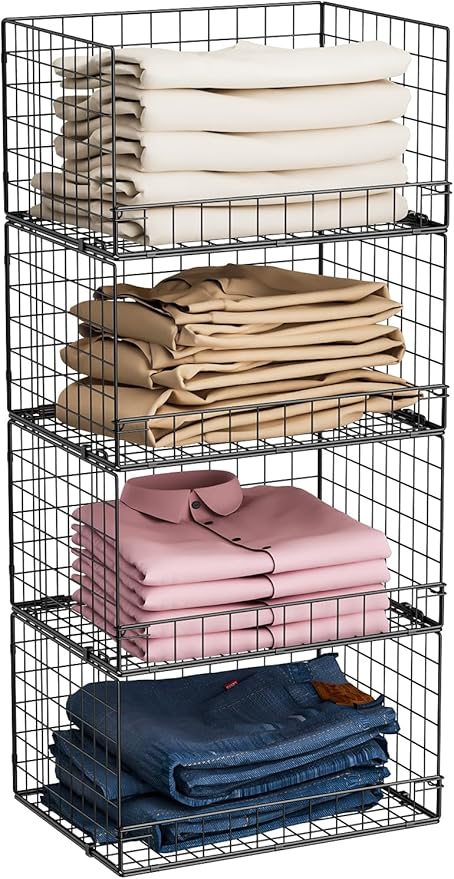 4-Tier Stackable Closet Organizers and Storage Shelves, Clothes Shelf Organizer Basket Bins, Foldable Sweater Storage for Closet Organizer System, Black (Patent Pending)