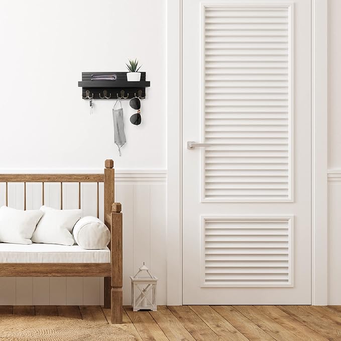 Black Wooden Key Holder - Wall Mounted Mail Organizer and Key Hanger - Modern Farmhouse Entryway Shelf with 4 Double Brass Hooks - Decorative Rack for Car Keys, Wallet-NeatNest