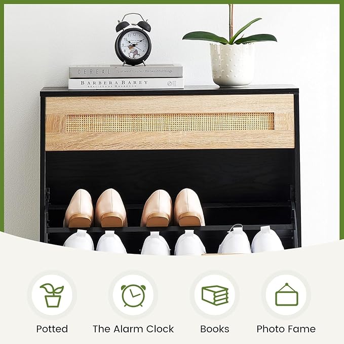 Shoe Cabinet, Shoe Rack Storage Cabinet with 2 Flip Down 1 Drawer, Natural Rattan Freestanding Shoe Cabinet Wood Organizer with 3-Tier Adjustable Shelves for Entryway Hallway Doorway-NeatNest