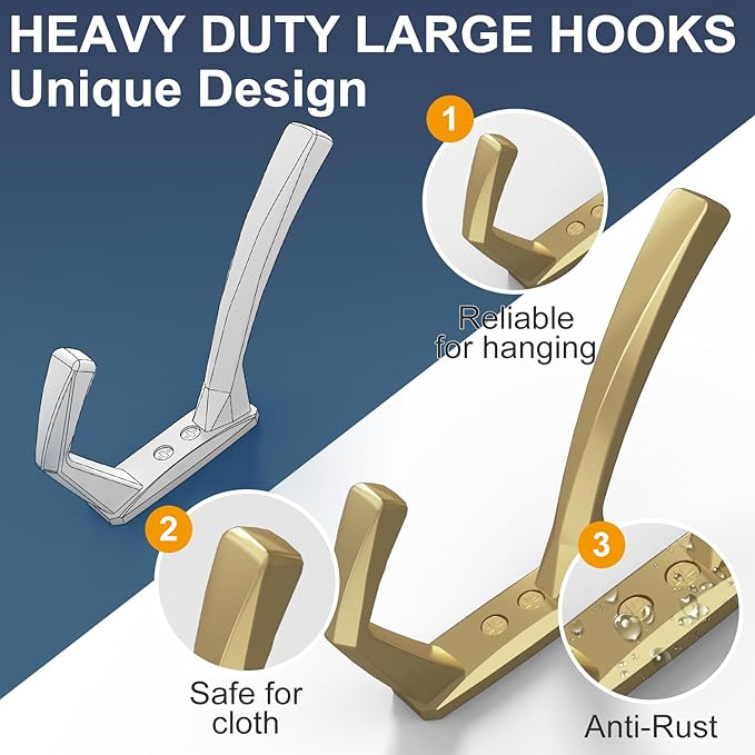 Heavy Duty Wall Hooks, 5.7 Inch Large Coat Hooks, 6 Packs Towel Hooks for Hanging in Bathroom, Bedroom, Entryway, Kitchen, etc (Gold, 6 Pack)