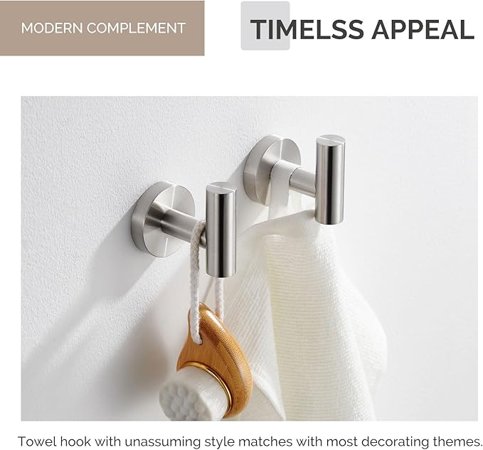 Angle Simple Bathroom Towel Hook 2 PCS, SUS304 Stainless Steel Bath Robe Holder, Modern Hand Towel Hanger Wall Mounted, Brushed Nickel
