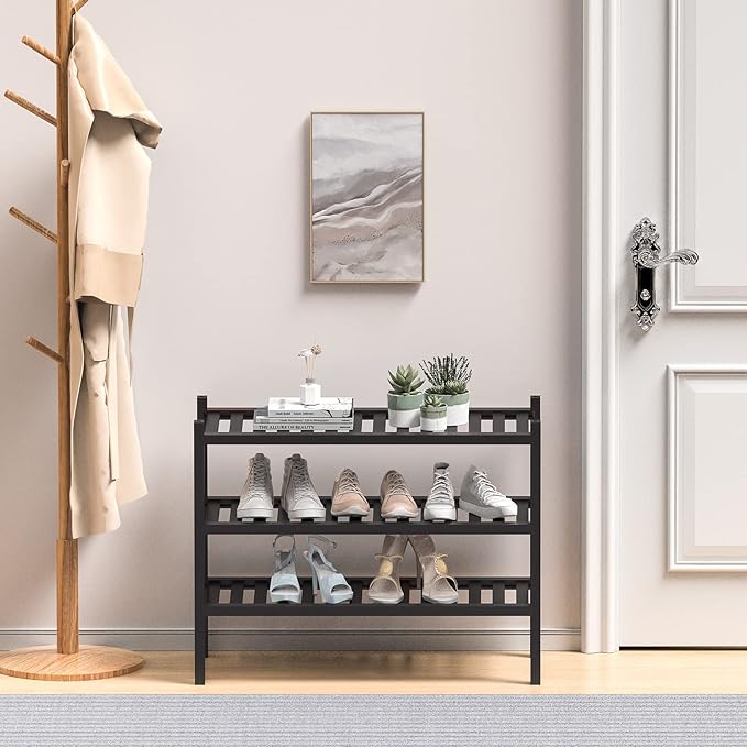3 Tier (Thick) Bamboo Shoe Rack for Entryway, Small Wood Shoe Shelf Storage Organizer for Closet, Shoe Stand for Hallway, Stackable and Sturdy 27"x12"x21" Black-NeatNest
