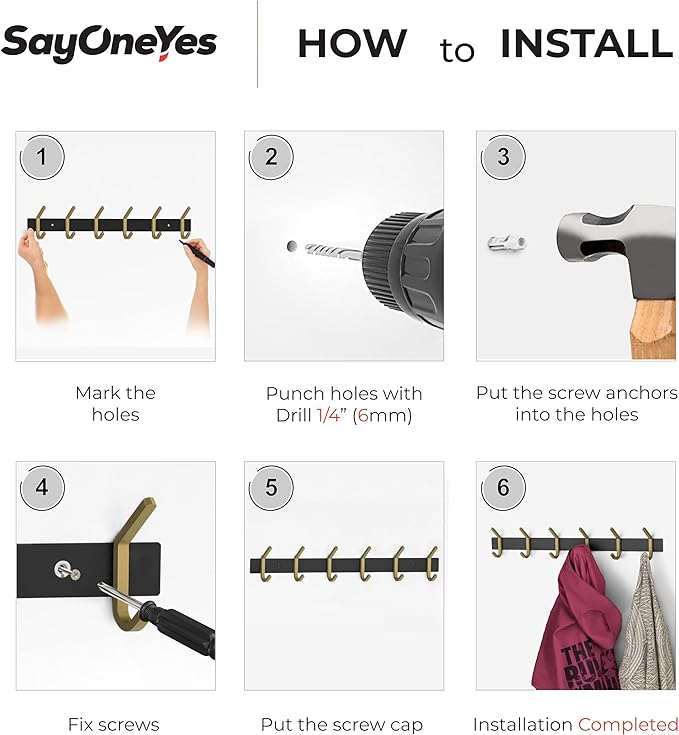 Coat Rack Wall Mount – Black and Gold Hook Rail with 6 Double Coat Hooks, 17 Inch Stainless Steel Wall Hooks for Entryway, Bathroom, Bedroom, Closet, Towel, Hat, Bag, Heavy Duty Organizer - 2 Pack-NeatNest