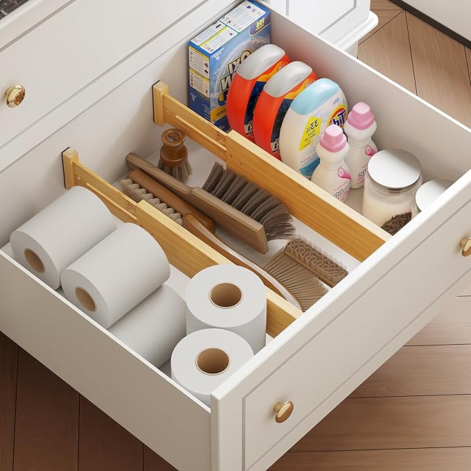 BAMEOS 4 pcs 3" High Bamboo Drawer Dividers Adjustable Drawer Organizer Expandable Drawer Organization Utensil Organizers for Kitchen Dresser Bathroom Bedroom and Office-NeatNest