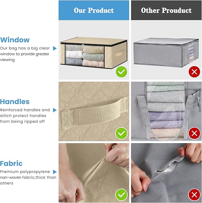 HomeHacks Storage 8-Pack Clothes Organizer Storage Bags Foldable Storage Box with Large Clear Window Sturdy Handles for Closet, Dorm, Pillows, Bedding, Clothes, Blankets, 35L, Beige-NeatNest
